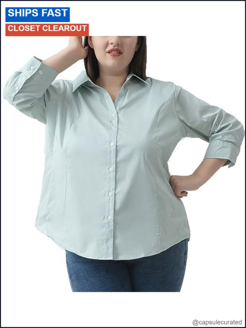 Plus Size Women's 3/4 Sleeve Button Down Shirts V-Neck Stretch Blouses Business
